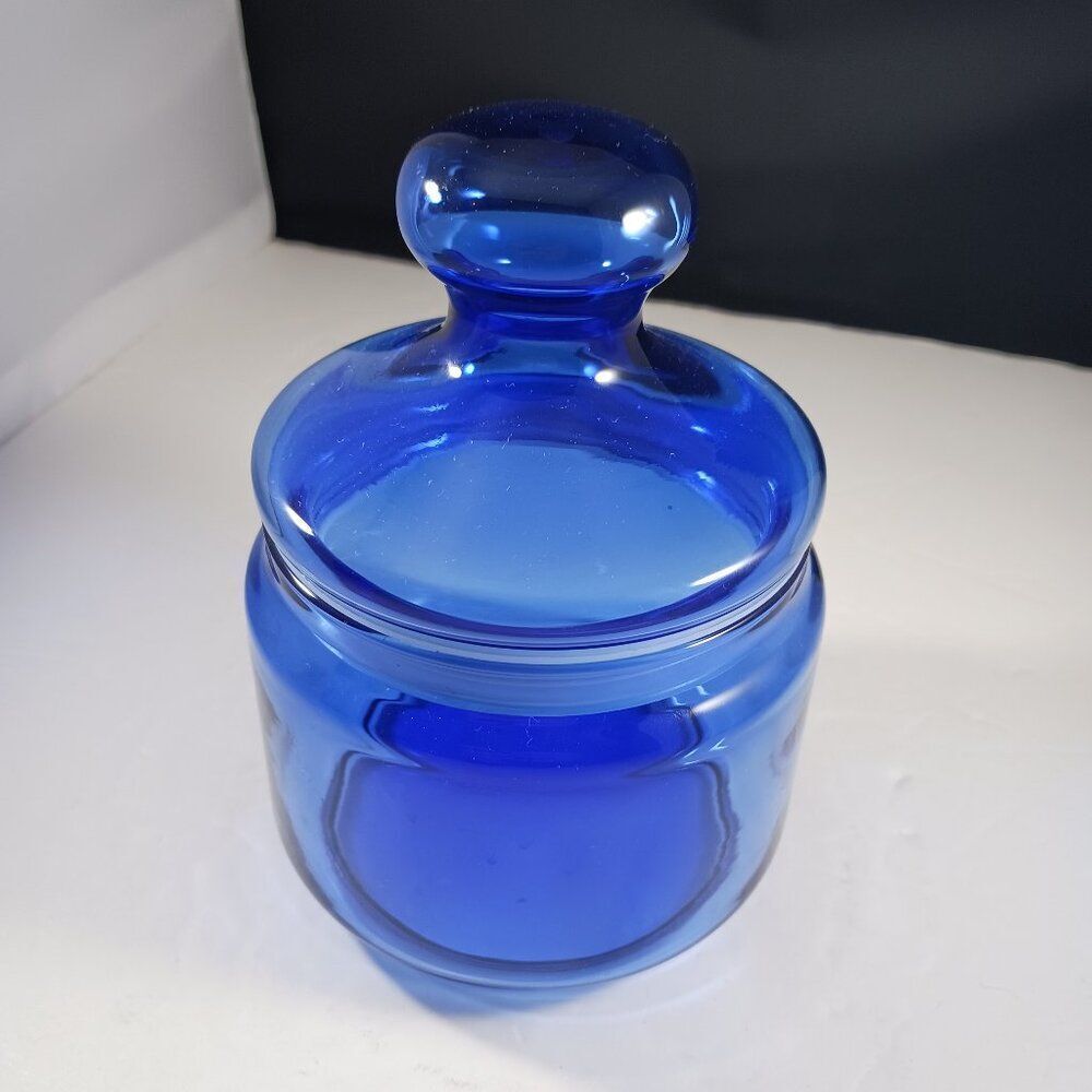 Vintage Blue Button Lid Glass Candy Jar